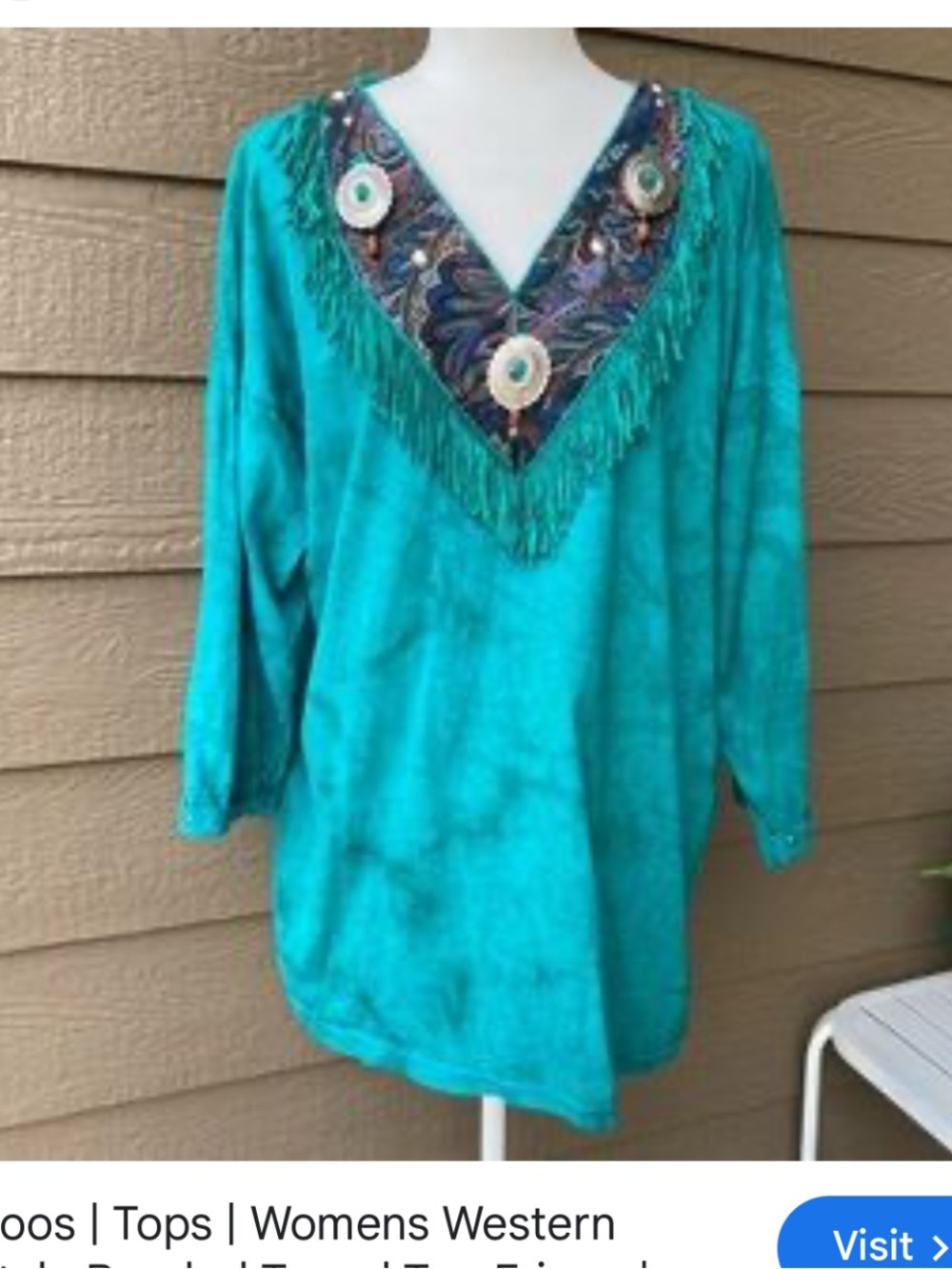 BOOS one size Women’s Turquoise Fringe V-Neck Embellished Top